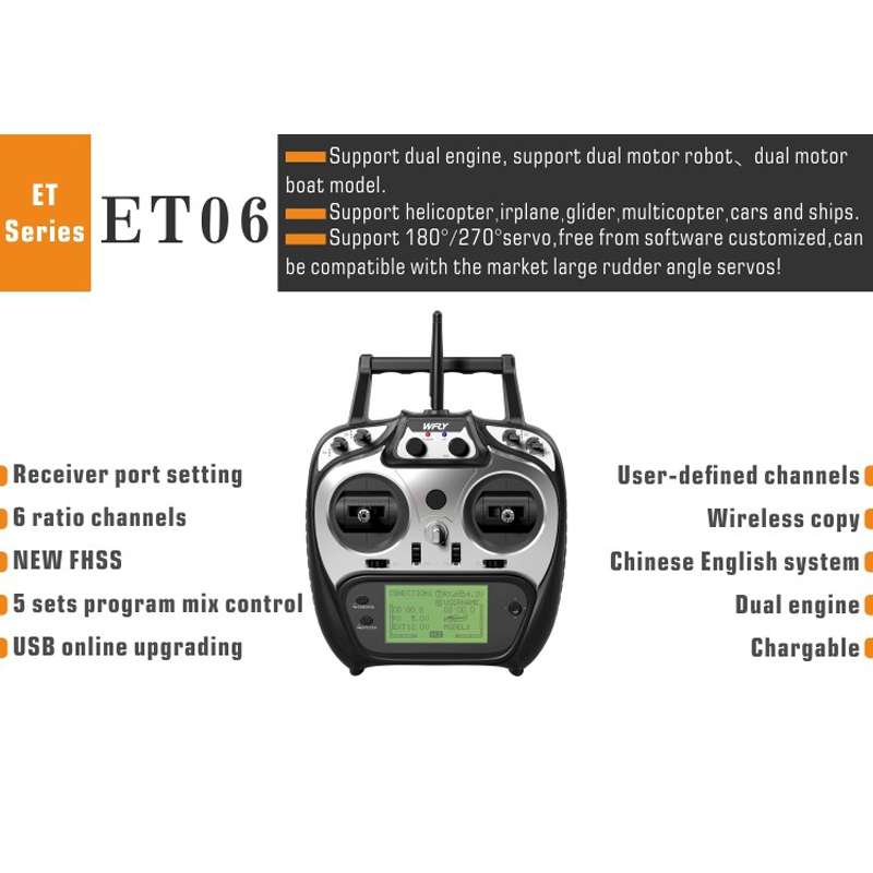 Drone controller with screen: WFLY ET06 6CH 2.4GHz RC Transmitter with New FHSS