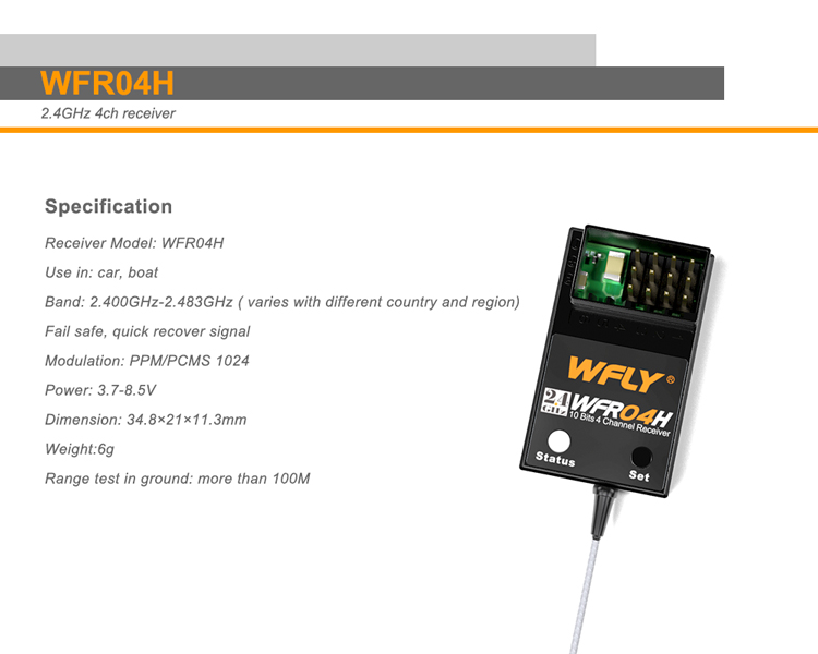 WFLY WFR04H 2.4GHz PPM RC Receiver | Professional Mini Receiver for Remote Control Cars & Vehicles