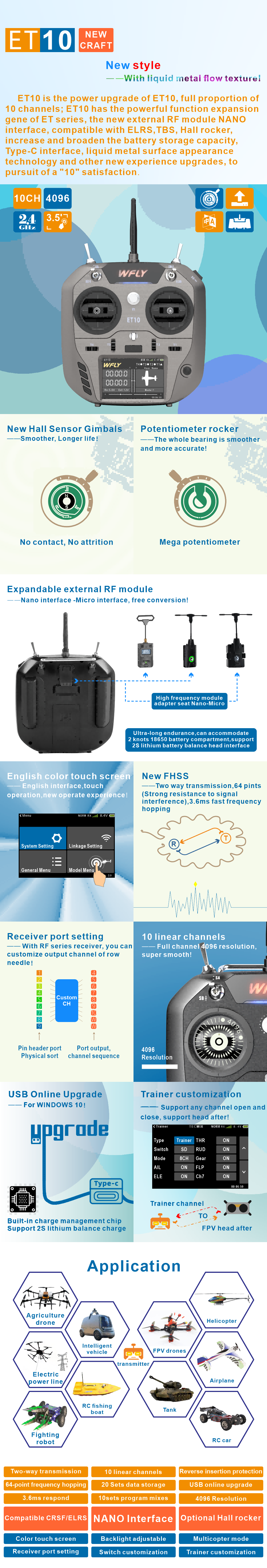 WFLY ET10 10CH RC Transmitter with Hall Sensor Gimbal & Color Touch Screen