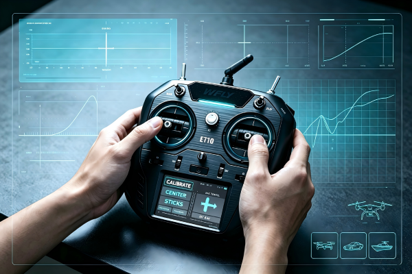 Beginner calibrating RC radio remote transmitter on desktop, hobby setup guide illustration