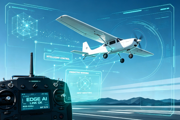 Edge AI RC radio remote close-up, intelligent control UI screen, RC hobby technology illustration