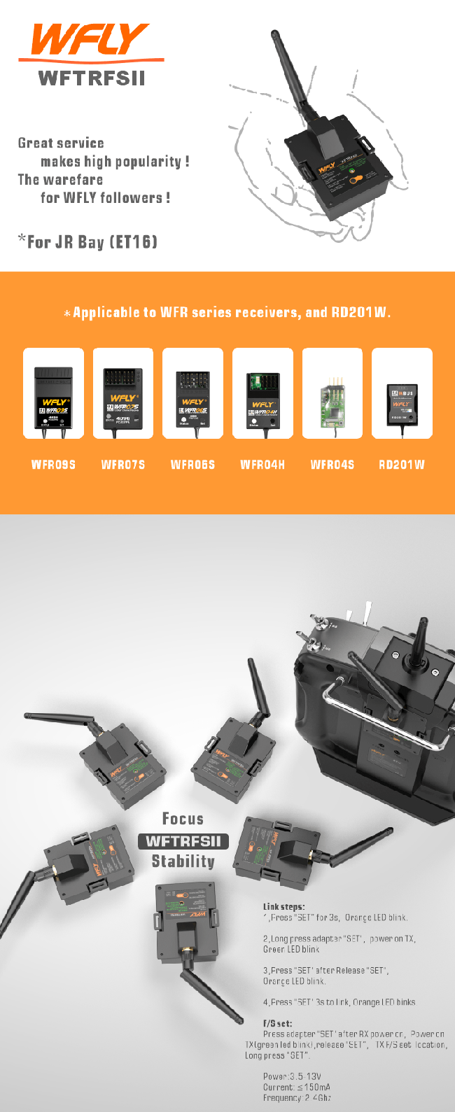 WFLY WFTRFSII 2.4G RF Module JR Bay Adapter for ET16, Compatible with WFR Series Receivers
